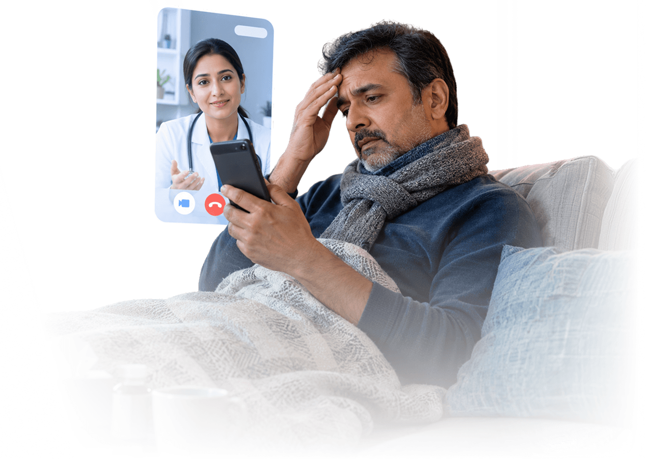 A patient video-calling a doctor from their sofa