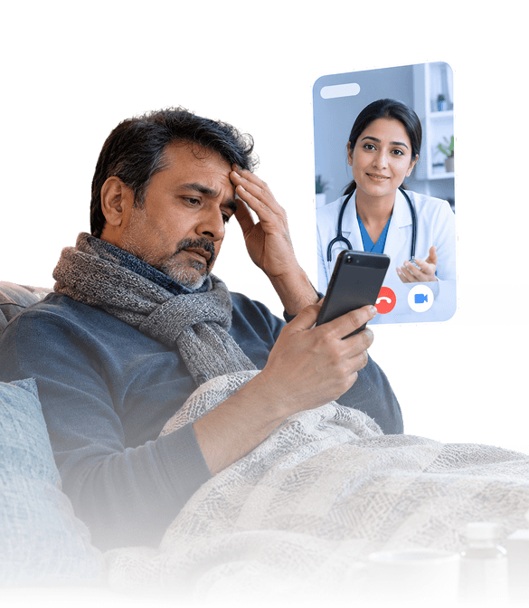 A patient video-calling a doctor from their sofa