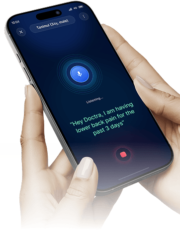 A phone showing Doctra listening to a patient's symptoms